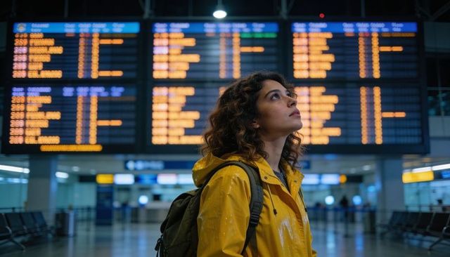 Young woman in yellow rain jacket checking departures board at modern airport terminal
