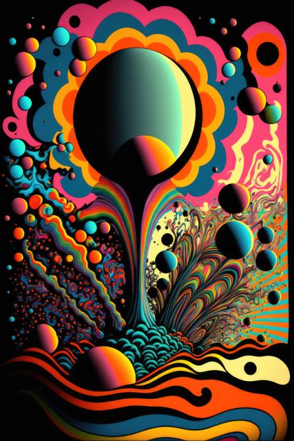 This colorful abstract digital art features spheres, waves, and psychedelic elements, creating a vibrant and surreal design. The artwork is ideal for use in modern art exhibitions, digital wallpaper, posters, and as unique decorative pieces for various creative projects. Its futuristic and fluid nature makes it suitable for tech-inspired designs and contemporary art collections.