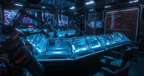 Futuristic Command Center with Holographic Panels and Robotics