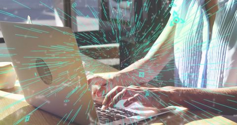 Woman Working on Laptop with Vibrant Digital Overlay in Bright Workspace - Download Free Stock Images Pikwizard.com