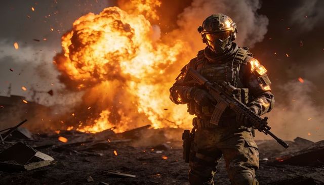 Soldier advancing through exploding urban battlefield wearing tactical gear and rifle