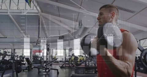 Muscular Man Lifting Dumbbell with Fitness Data Overlay in Gym