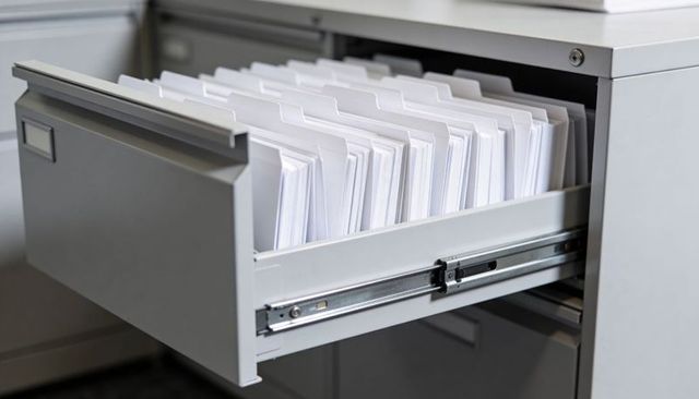 Organized metal filing cabinet drawer filled with hanging folders and neat white documents