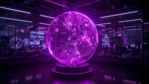 Futuristic holographic globe display in illuminated command center