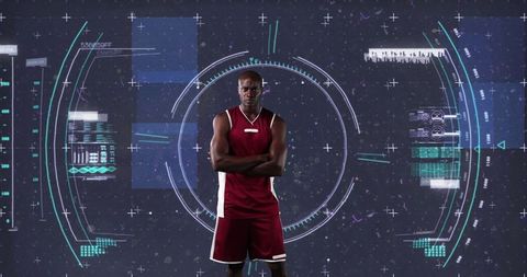 Confident Athlete in Futuristic Digital Interface Background
