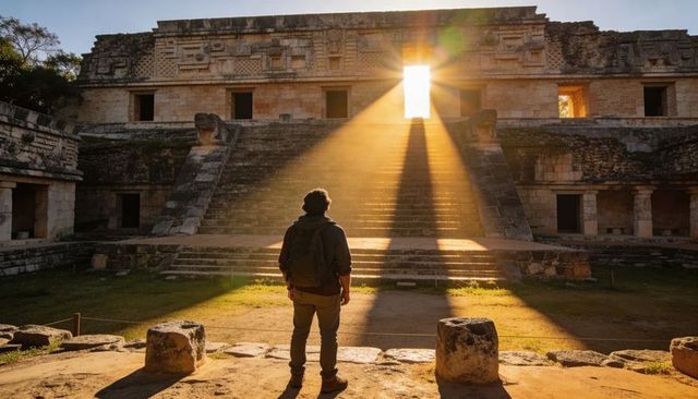 Traveler standing in golden sunbeam at ancient maya ruins gateway