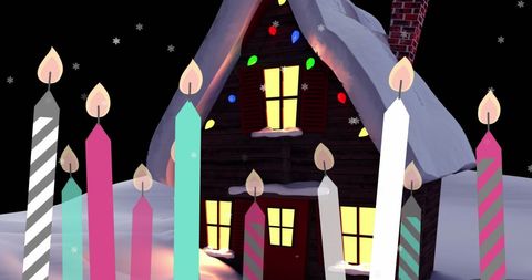Festive winter cabin with floating candle icons
