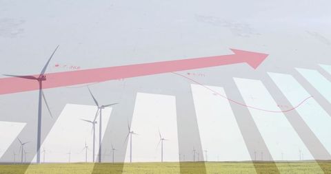 Wind Turbines on Green Field with Rising Financial Graph Overlay