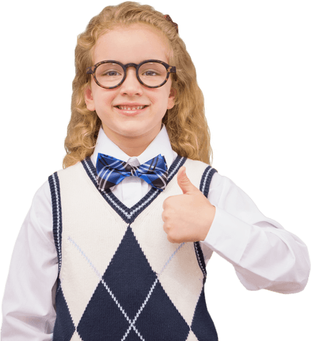 Smiling schoolgirl with glasses giving thumbs up on transparent background