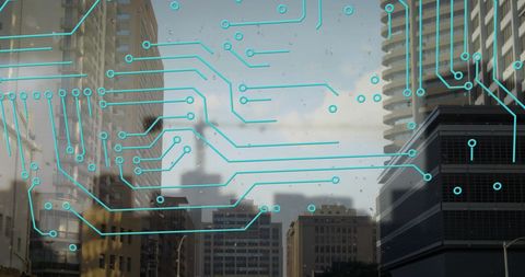 Urban Skyline Merged with Digital Circuitry for Technology Concept