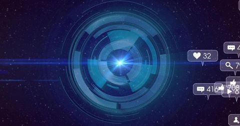 Futuristic Holographic Interface with Social Media Icons in a Starfield