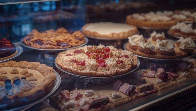 Assortment of Delicious Gourmet Tarts and Pastries in Bakery Display