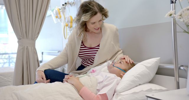 Mother attentively caring for child in hospital bed. Scene shows family support, love, and nurturing during illness. Suitable for use in healthcare, medical, and family-themed projects or awareness campaigns about caregiving and family well-being.