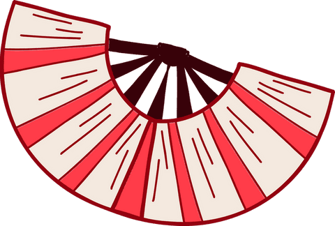 Flat folding hand fan with red and cream panels on transparent background