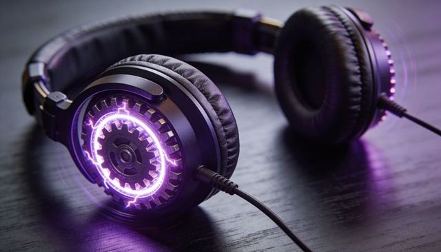 Futuristic wired over-ear headphones featuring glowing purple gear ring and cable