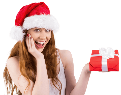 Joyful Redhead with Santa Hat Holding a Christmas Gift on Transparent Background