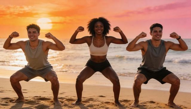 Beach sunset group workout: friends squatting and flexing in outdoor fitness session