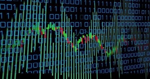 Neon Binary Data Grid Showing Stock Market Candlestick Chart for Digital Finance