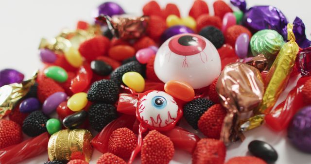 Various colorful candies and Halloween-themed sweets displayed together, including eyeball candies, jelly beans, and wrapped sweets. Suitable for themes related to Halloween parties, festive decorations, trick-or-treating, candy stores, and holiday promotions.