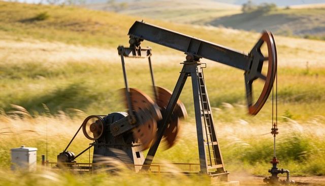 Sunlit pumpjack operating in golden field with motion-blur counterweights, weathered oil well