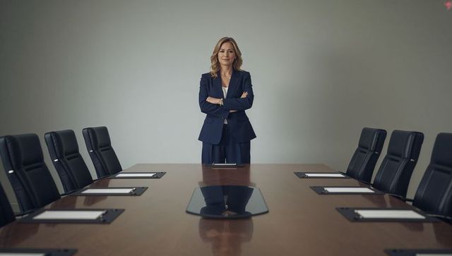 Standing confident female executive leading boardroom meeting with crossed arms