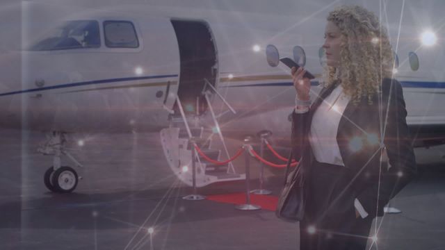 Businesswoman in formal attire standing near a private jet and using a mobile phone. Ideal for content related to business travel, luxury lifestyle, aviation industry, corporate communication.