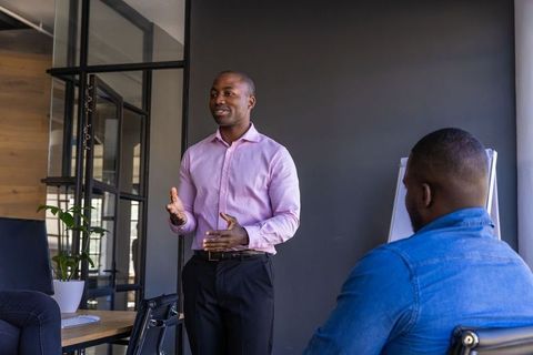 Businessman Presenting Strategy in Modern Office Meeting