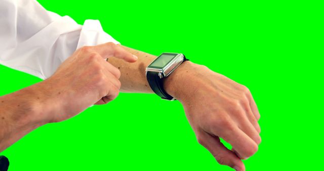 This image depicts a close-up view of a man's hand, with the sleeve of a white shirt visible, while he is interacting with a smartwatch against a green screen background. Ideal for use in tech blogs, websites showcasing wearable technology, fitness tracker promotions, and digital device usage tutorials.