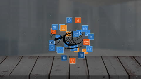 Helicopter Animation Over Digital Business Icons and Cityscape