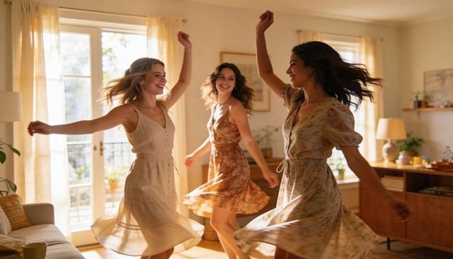 Three friends dancing and twirling in sunlit living room wearing summery floral dresses