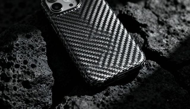 Carbon-fiber phone case on volcanic rock highlighting weave camera lenses glossy monochrome