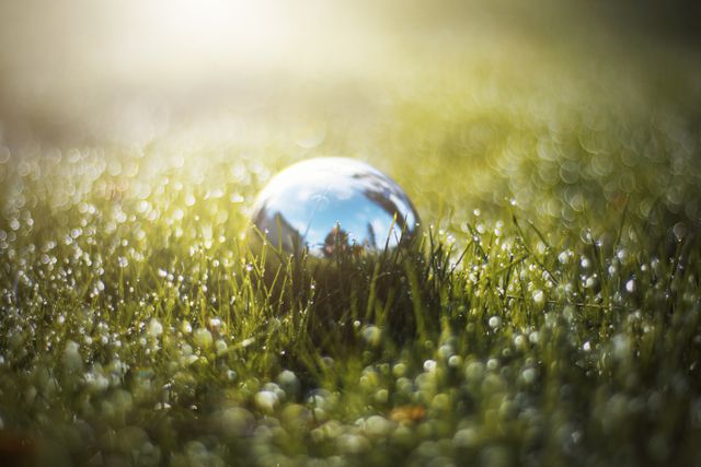 A glass sphere sits among the blades of grass covered in morning dew, reflecting the surrounding landscape. Sunlight enhances the natural beauty of the scene, creating a serene and calming atmosphere. Ideal for use in nature and relaxation themes, environmental campaigns, or as a peaceful background image.