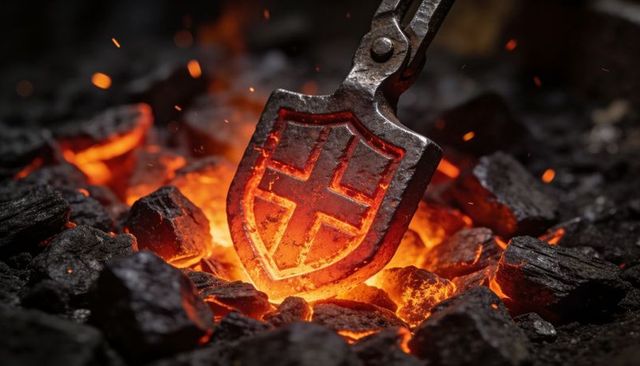 Forging heraldic shield stamp glowing in searing coals with flying sparks and embers