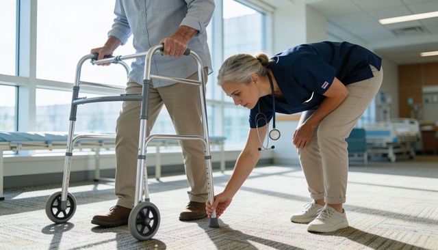 Nurse adjusting walker tip for elderly patient during mobility assessment in clinic