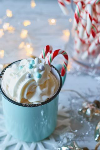 Festive Hot Cocoa Garnished with Candy Canes and Whipped Cream