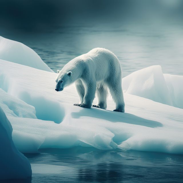 Polarbear standing on iceberg at sea created using generative ai technology. Nature and animals concept digitally generated image.