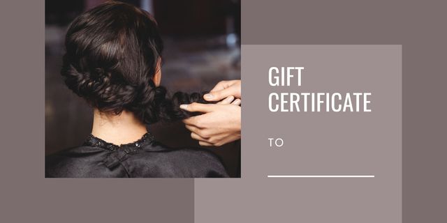 Hairstylist working on elegant updo for gift certificate template. Perfect for promoting salons, beauty parlors, and hairstyling services. Use in advertisements, social media posts, or websites offering beauty and hair care promotions.
