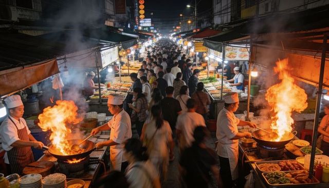 Flaming woks at bustling night street market with chefs stir-frying crowded stalls