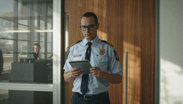 Uniformed security officer standing in office lobby holding tablet, wearing blue shirt and tie