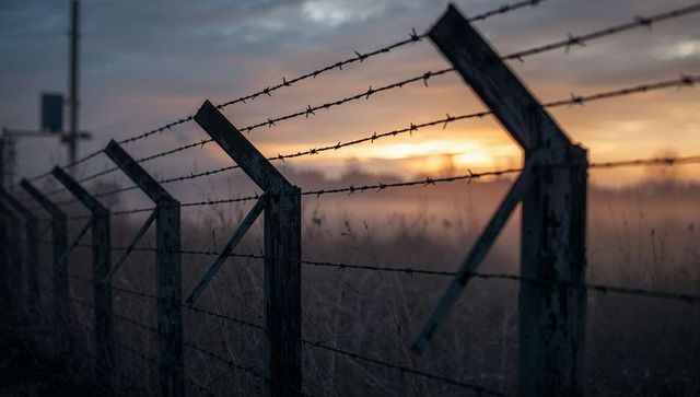 Rustic Barbed Wire Fence Silhouetted at Sunset