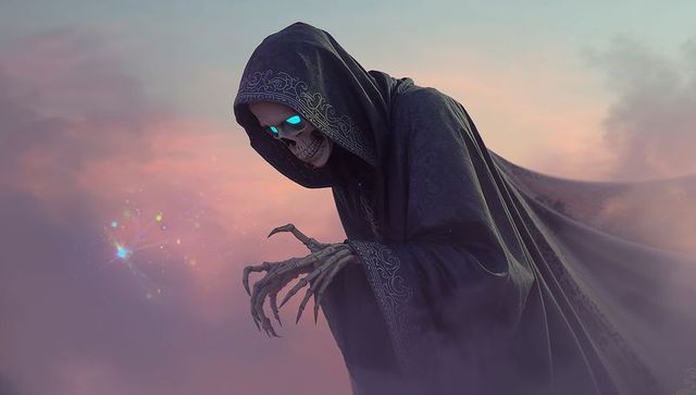 Mystical Skeleton with Glowing Cyan Eyes in Enchanted Dusk