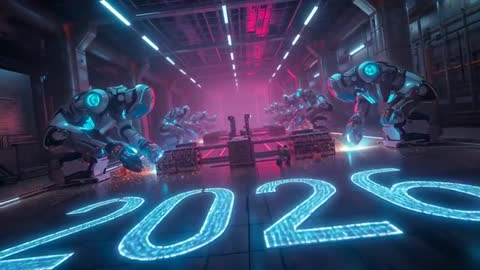 Autonomous welding robots creating glowing 2026 hologram on factory floor