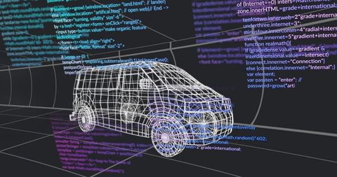 Wireframe van with overlayed programming code evoking tech development