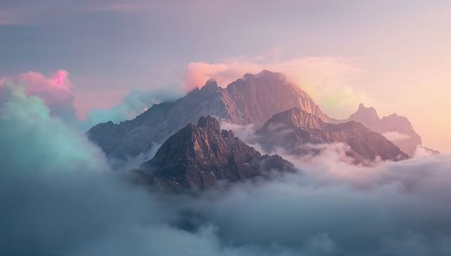 Pastel sunrise above jagged alpine massif rising through sea of clouds and mist