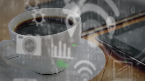Futuristic Technology Interface over Coffee and Tablet Concept