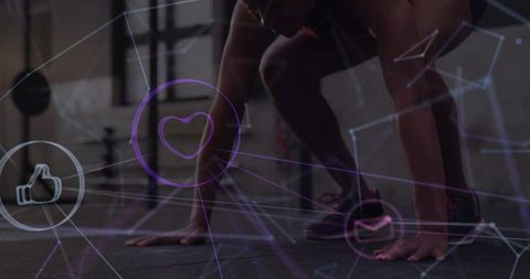 Female athlete crouching for plyometric start with heart icons and network overlay in gym