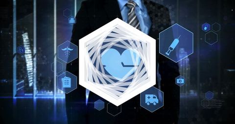 Businessman Engaging with Futuristic Medical Interface in Cityscape