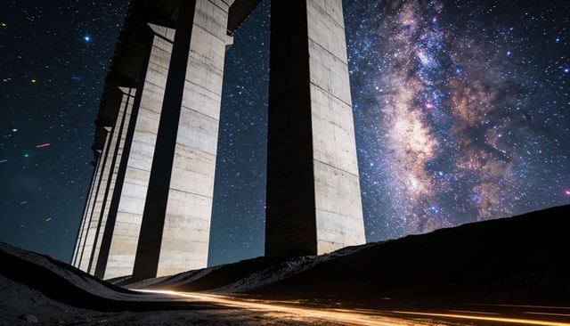 Milky way framing towering viaduct columns with golden light trails on desert road