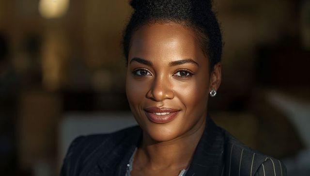Confident businesswoman smiling in warm ambient light wearing pinstripe blazer and stud earrings