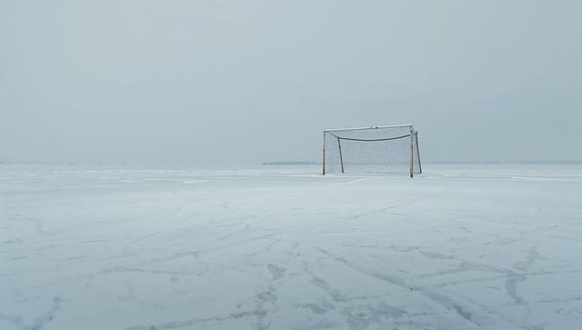 Standing lone soccer goal on frozen plain with sagging net minimalist winter horizon